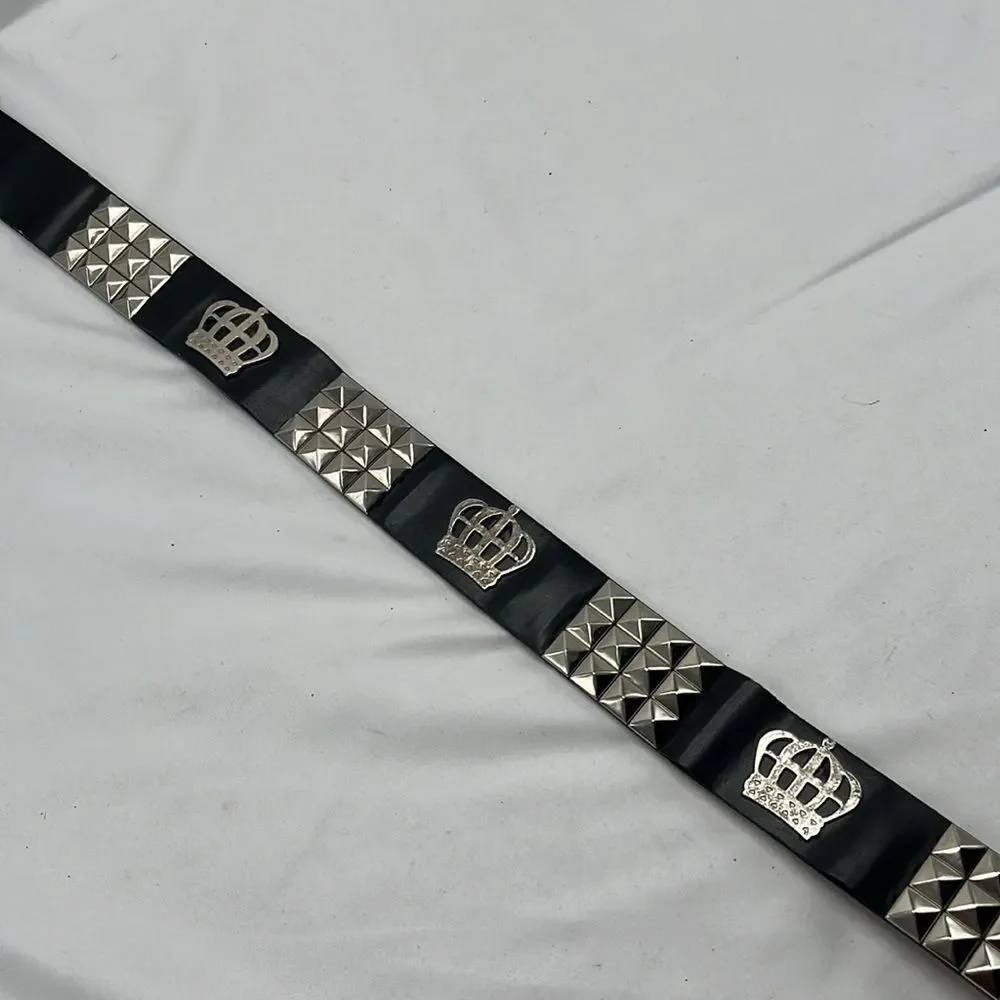 Vintage Y2K Black Leather Belt with Crowns and Studs